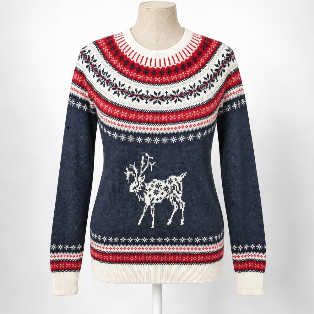 Vintage Y2K Fair Isle Reindeer Sweater Size S Blue Red Nordic Holiday Christmas